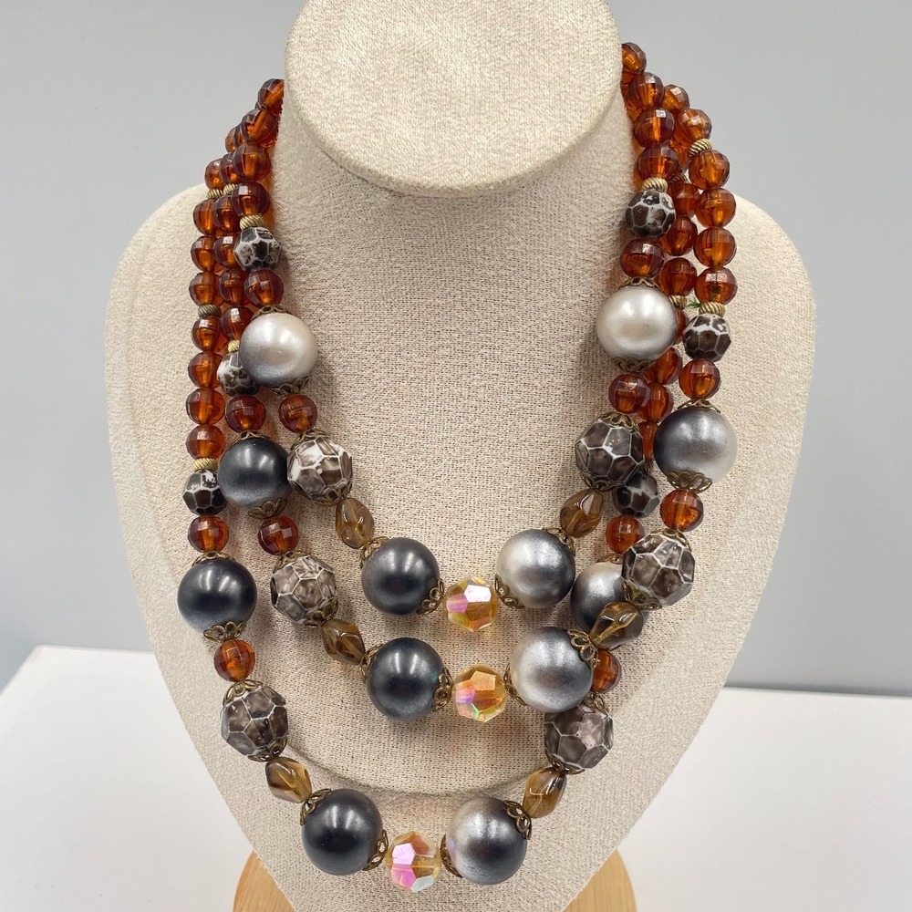 VTG Gold-Tone Amber-Color Faceted Bead Pearls Triple Strand Layered Bib Necklace